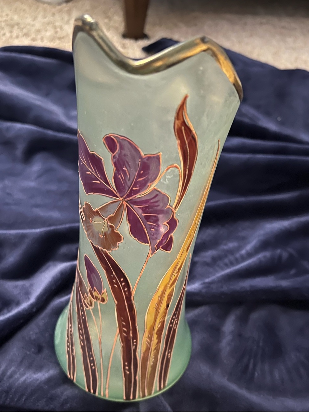 Art Nouveau vase by François-Théodore Legras w/purple irises and gold leaves.